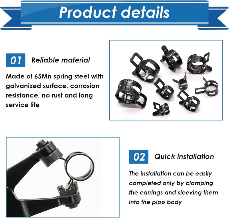 Eoppen 72Pcs Spring Hose Clamps Fuel Line Silicone Vacuum Hose Low Pressure Air Clamps & Sleeving Automotive Replacement Fastener Assortment Kit 6 Sizes (7mm 10mm 11mm 14mm 16mm 18mm) Black - Image 3